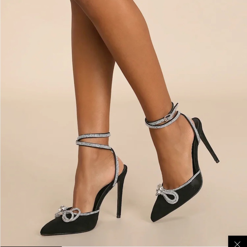 Lulus Black Suede Rhinestone Pointed-Toe Pumps Size 5.5